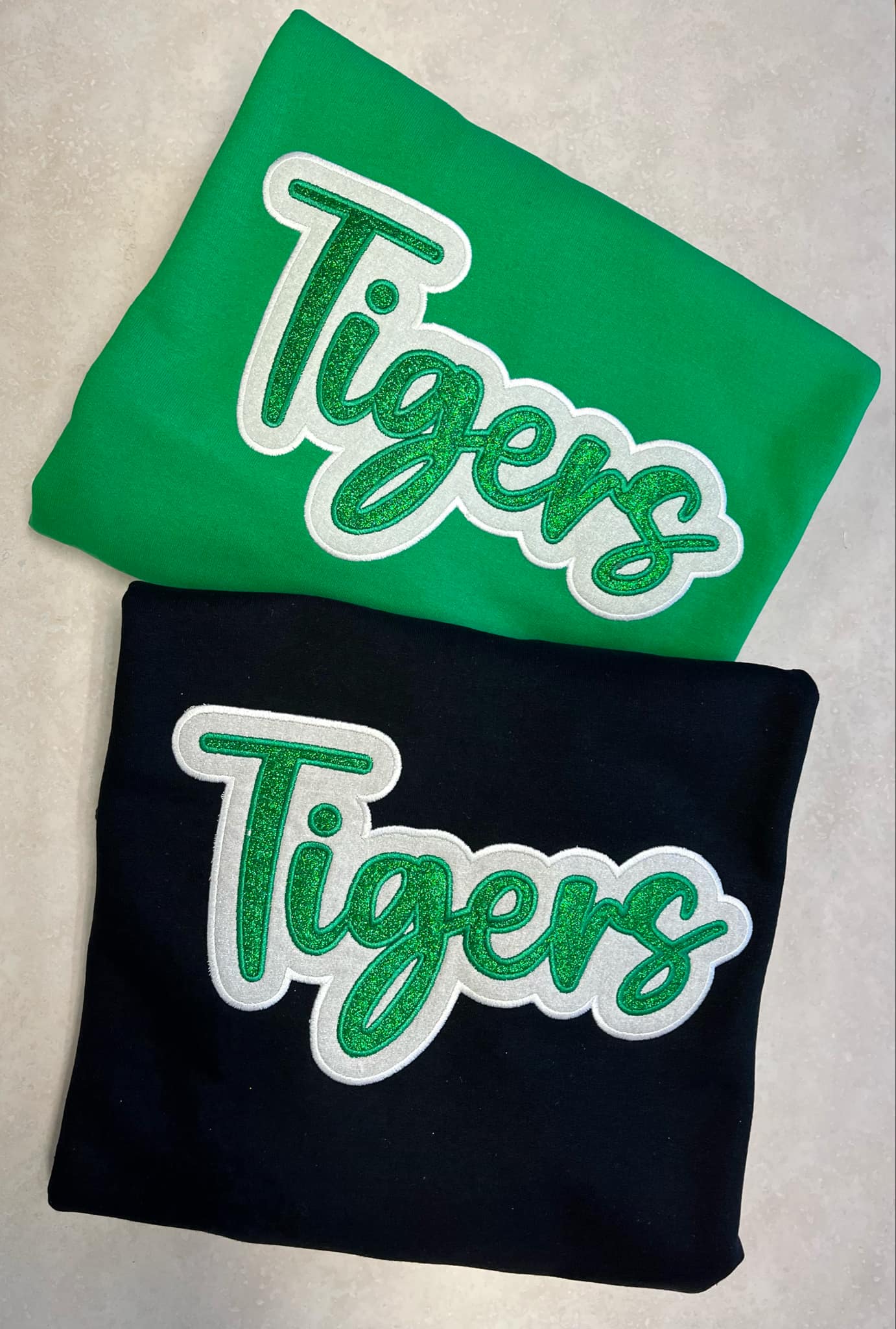 Tigers Green and White Glitter Applique Embroidery on Black Crewneck