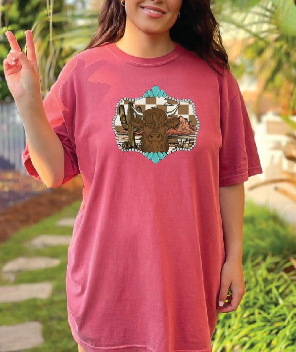 Western cow with turquoise DTF Transfer