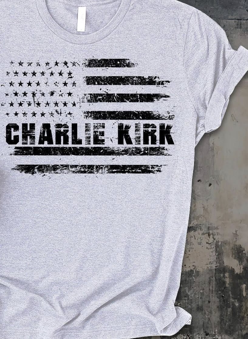 Charlie Kirk Flag T-Shirt or Hoodie in black or grey