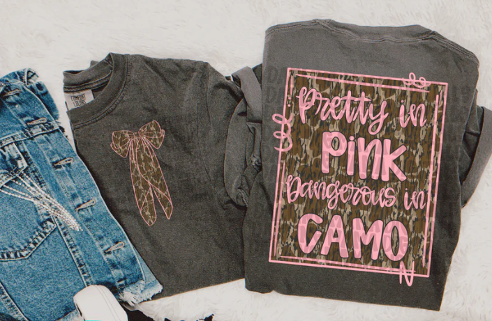 Pretty in Pink Dangerous in Camo Pocket and Back DTF Transfer
