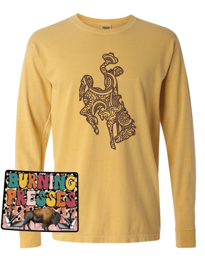 Wyoming Bucking horse on gold long sleeves or crewneck