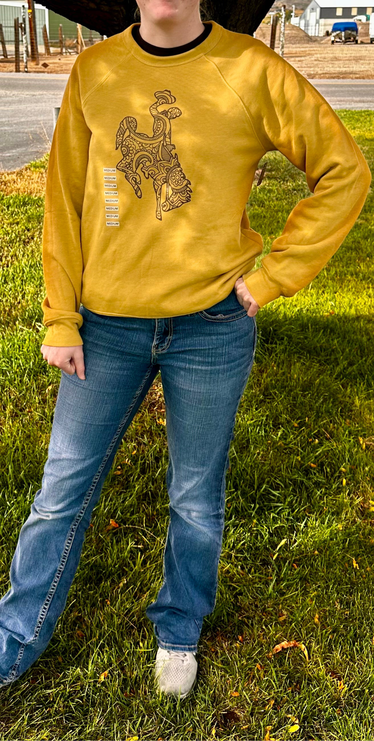 Wyoming Bucking horse on gold long sleeves or crewneck