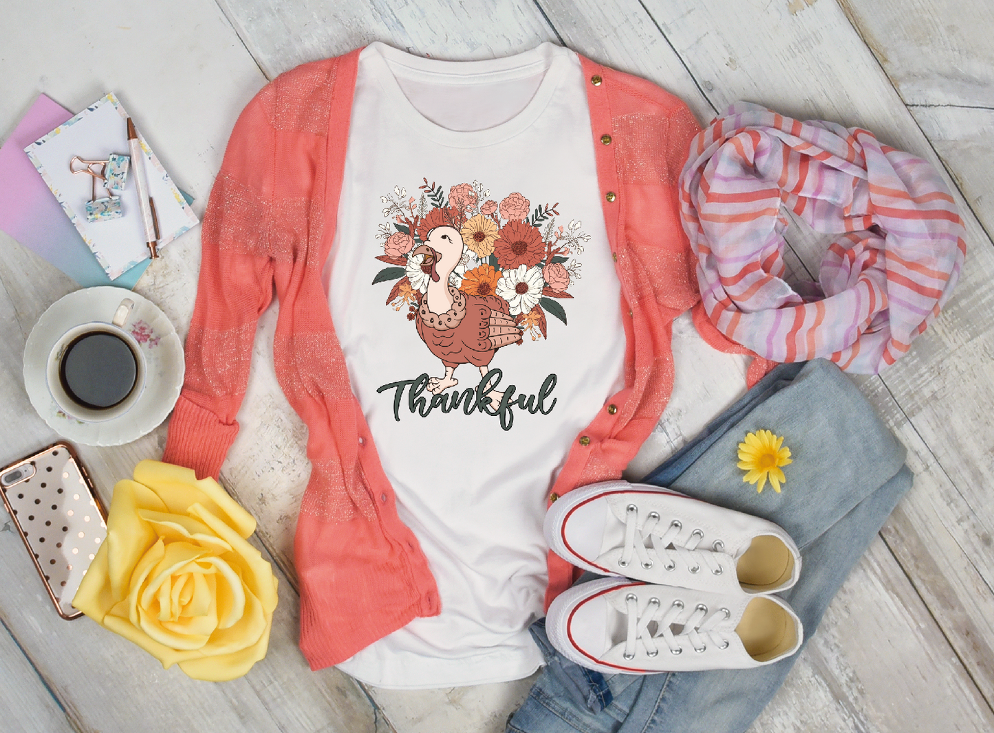 3021 Thankful Turkey with flowers Sublimation/DTF Transfer