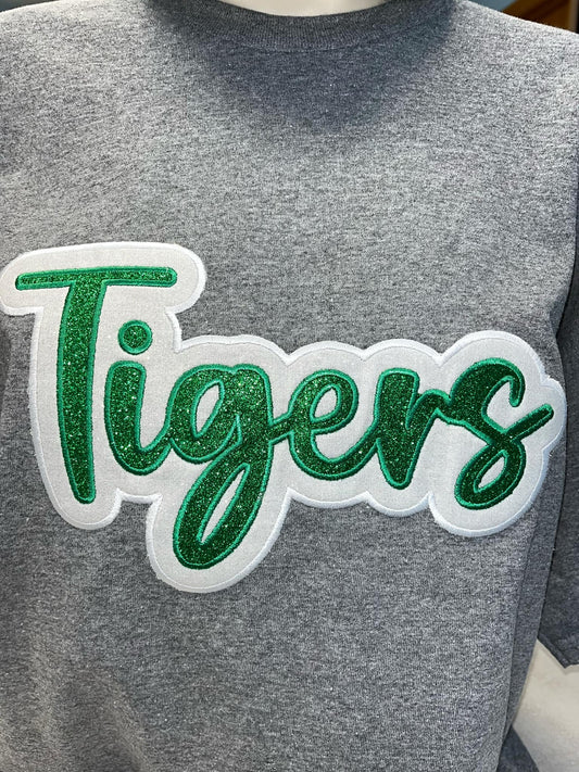 Tigers Green and White Glitter Applique Embroidery on Black Crewneck