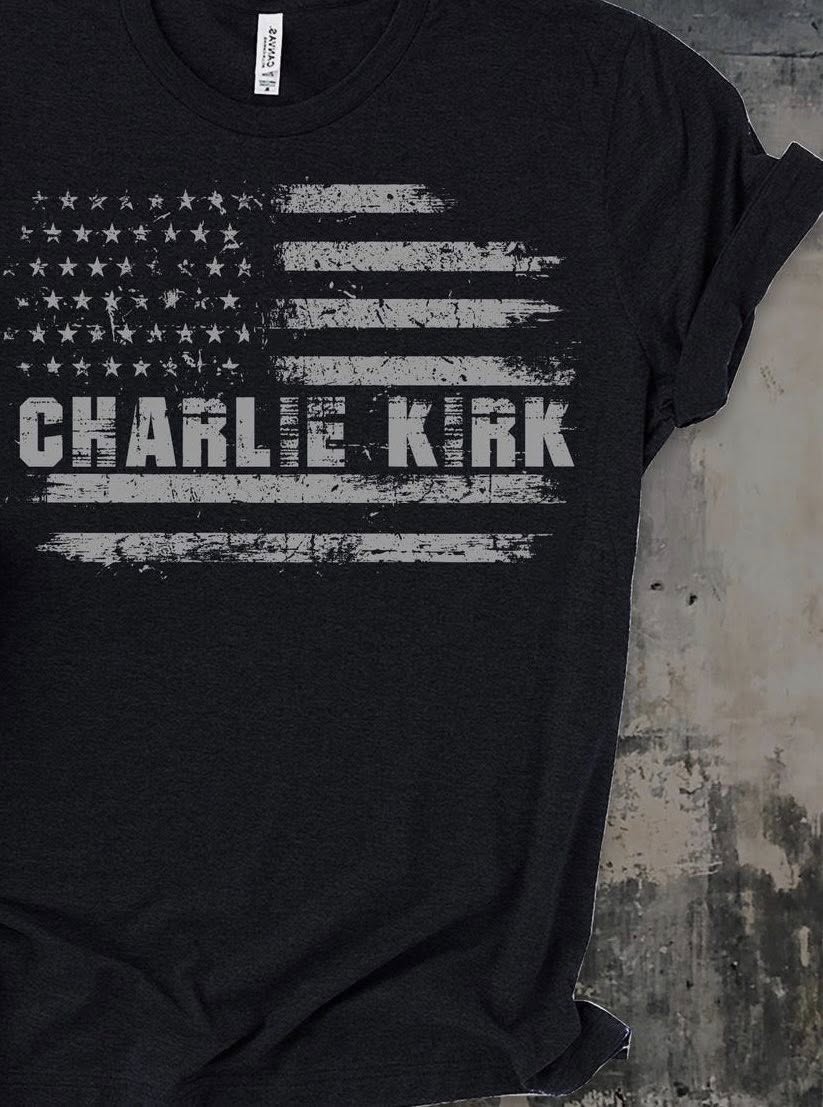 Charlie Kirk Flag T-Shirt or Hoodie in black or grey