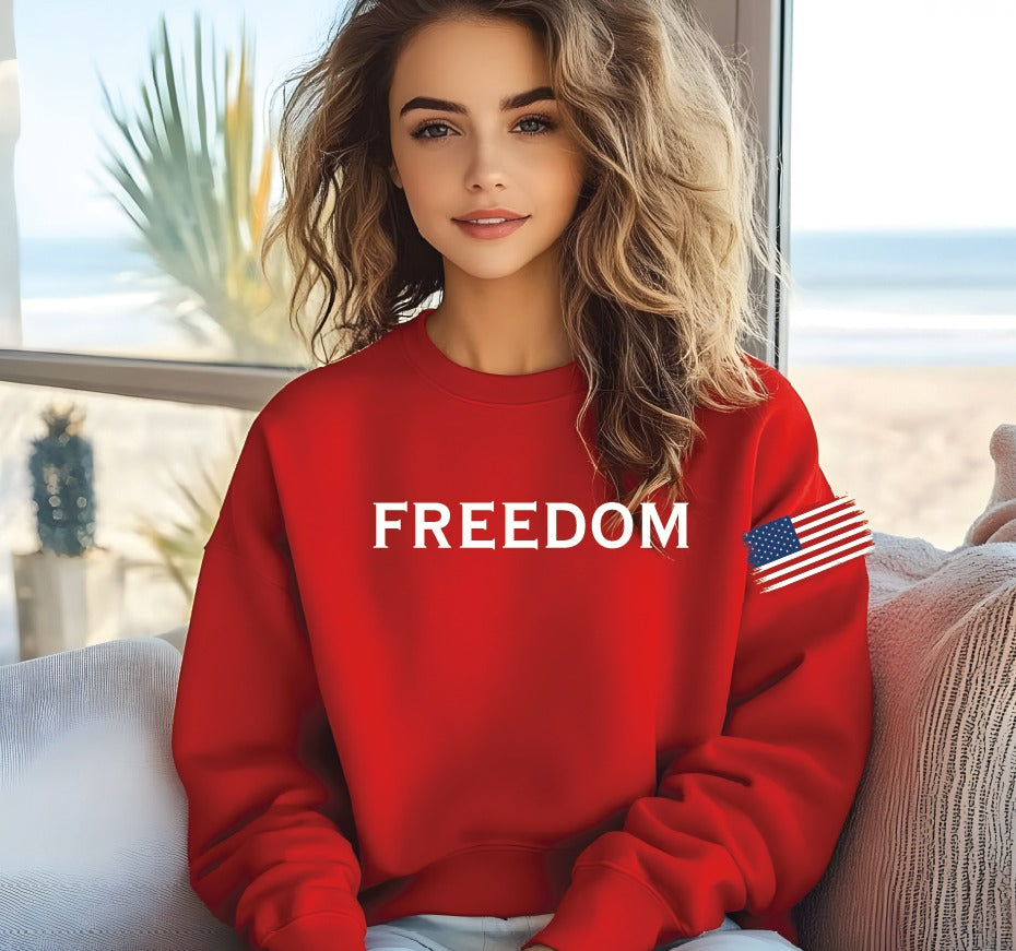 Red T-shirt, Crewneck, or Hoodie Freedom with Flag on sleeve