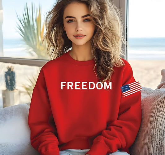 Red T-shirt, Crewneck, or Hoodie Freedom with Flag on sleeve