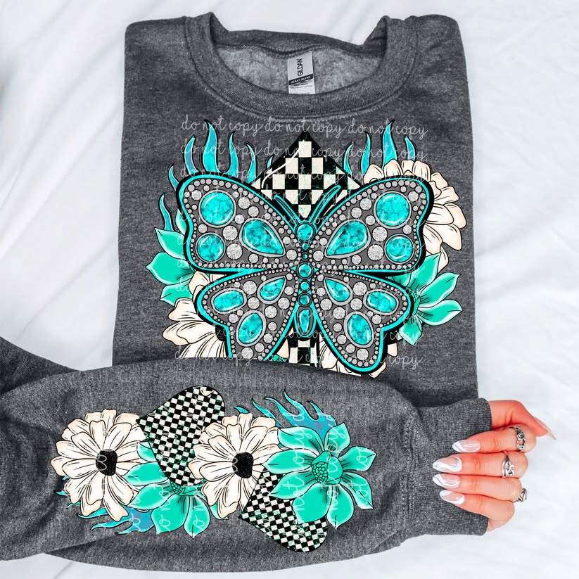 Checkered Turquoise Butterfly DTF Transfer