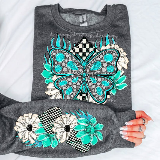 Checkered Turquoise Butterfly DTF Transfer