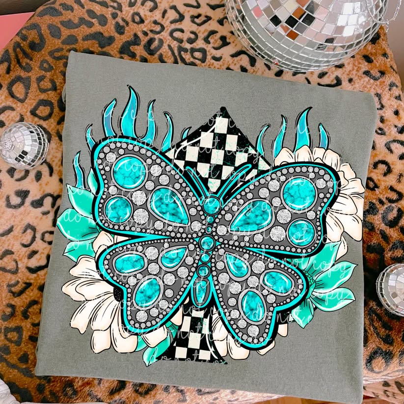 Checkered Turquoise Butterfly DTF Transfer