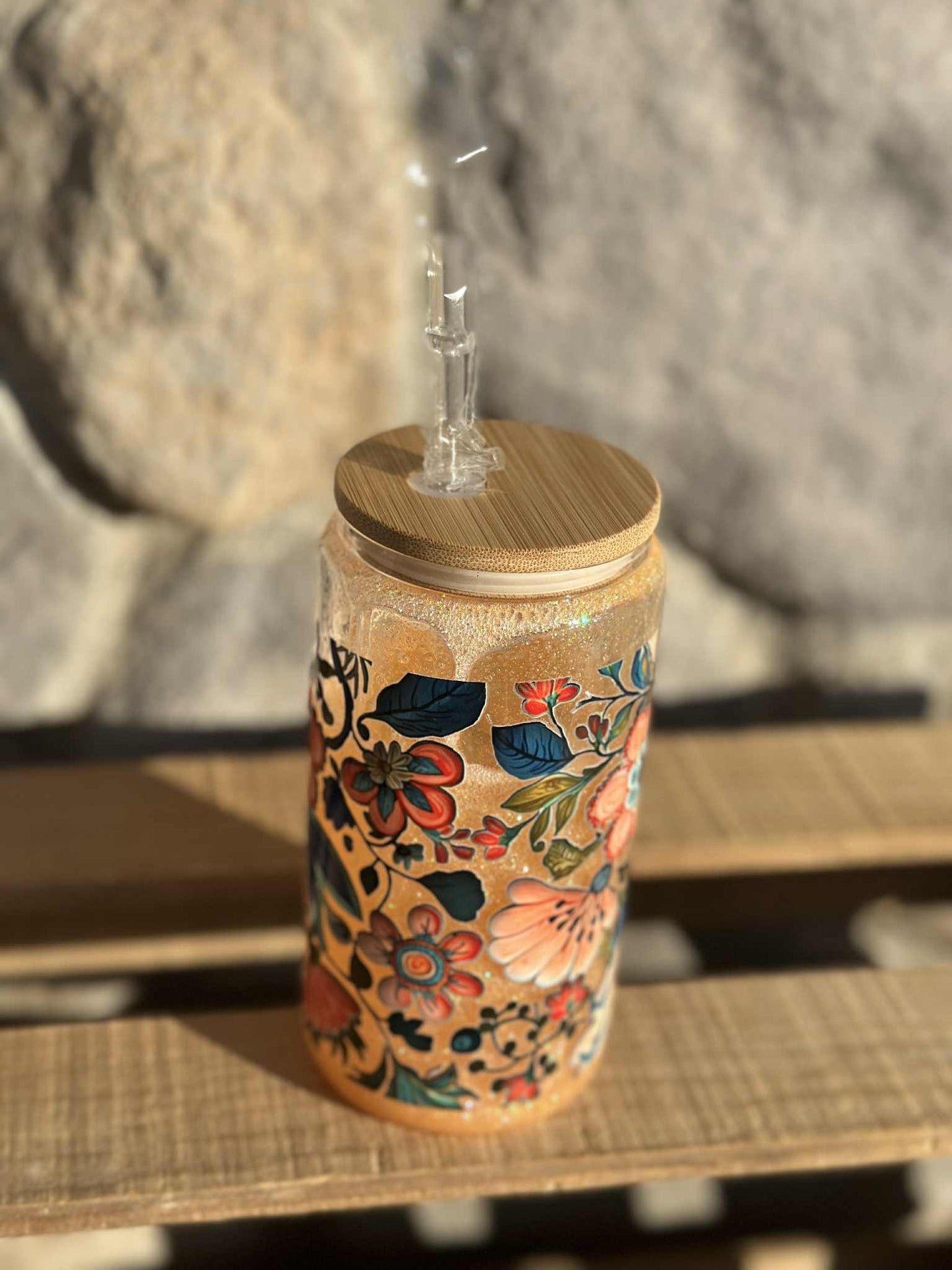 Snowglobe flower glitter glass 20 oz tumbler