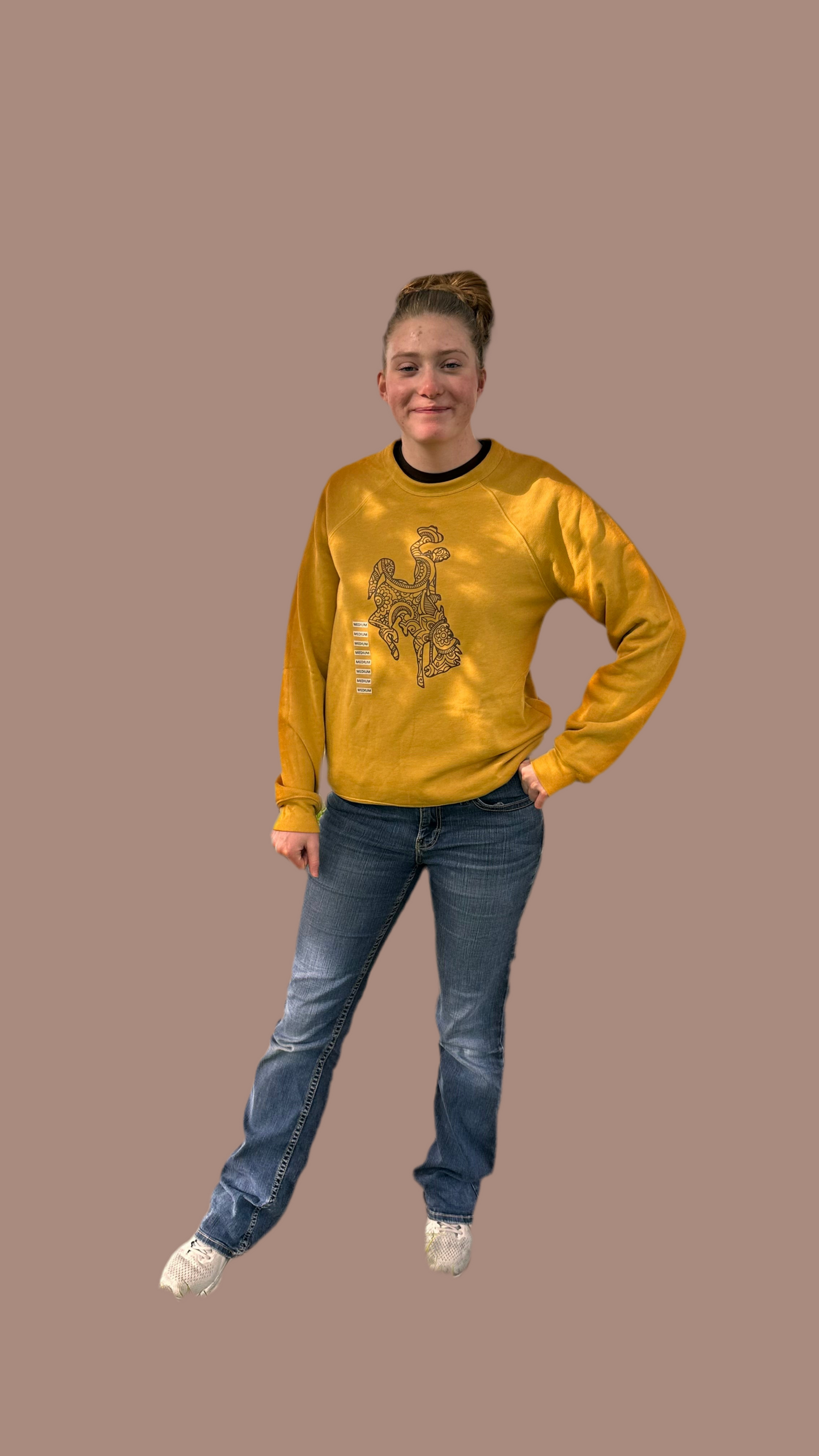 Wyoming Bucking horse on gold long sleeves or crewneck