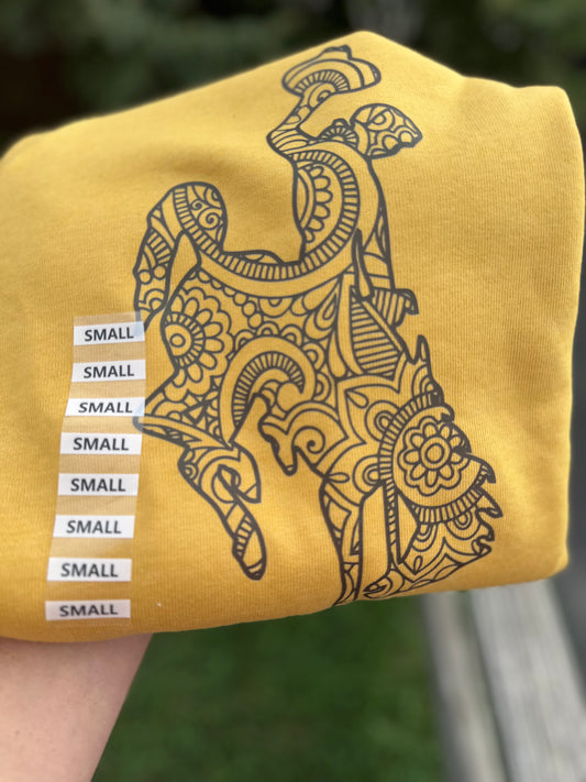 Wyoming Bucking horse on gold long sleeves or crewneck