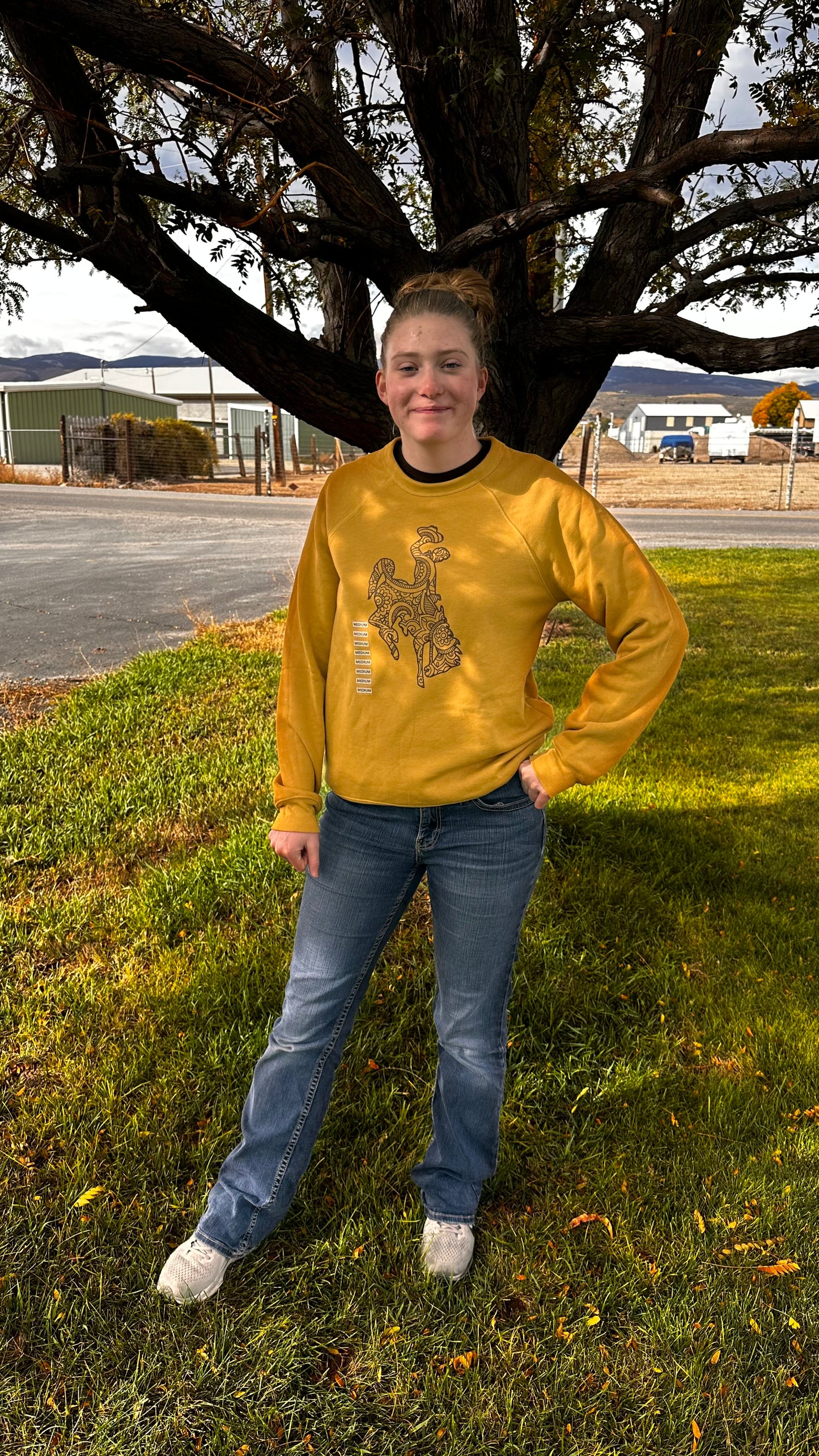 Wyoming Bucking horse on gold long sleeves or crewneck