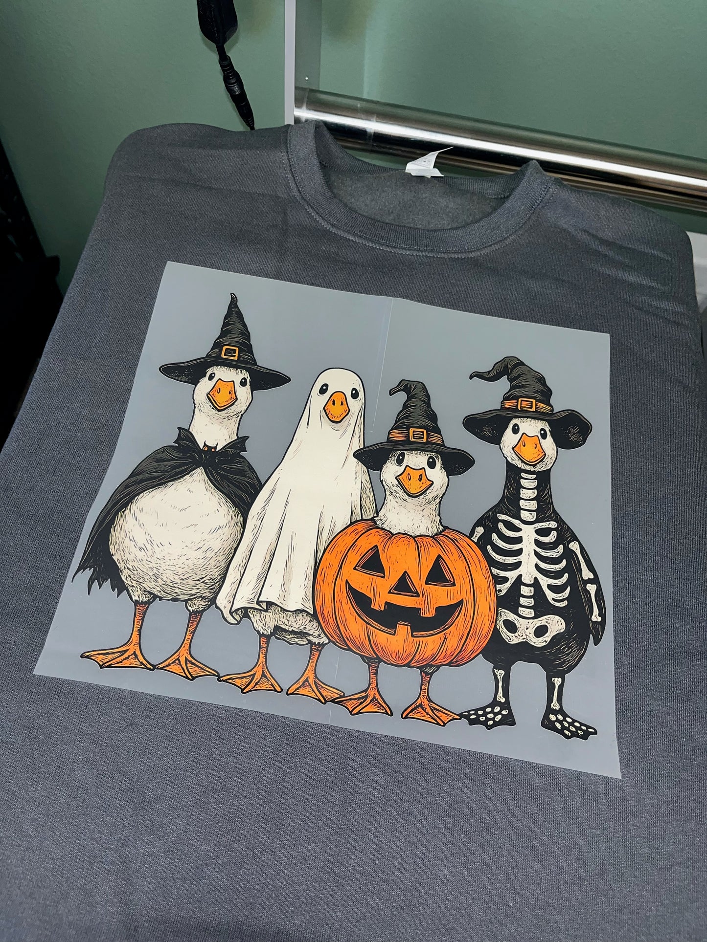 Halloween Geese on dark grey crewneck