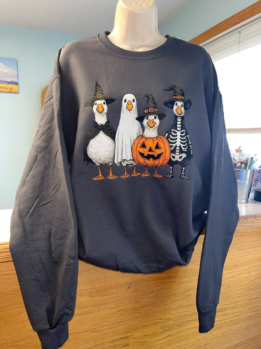 Halloween Geese on dark grey crewneck