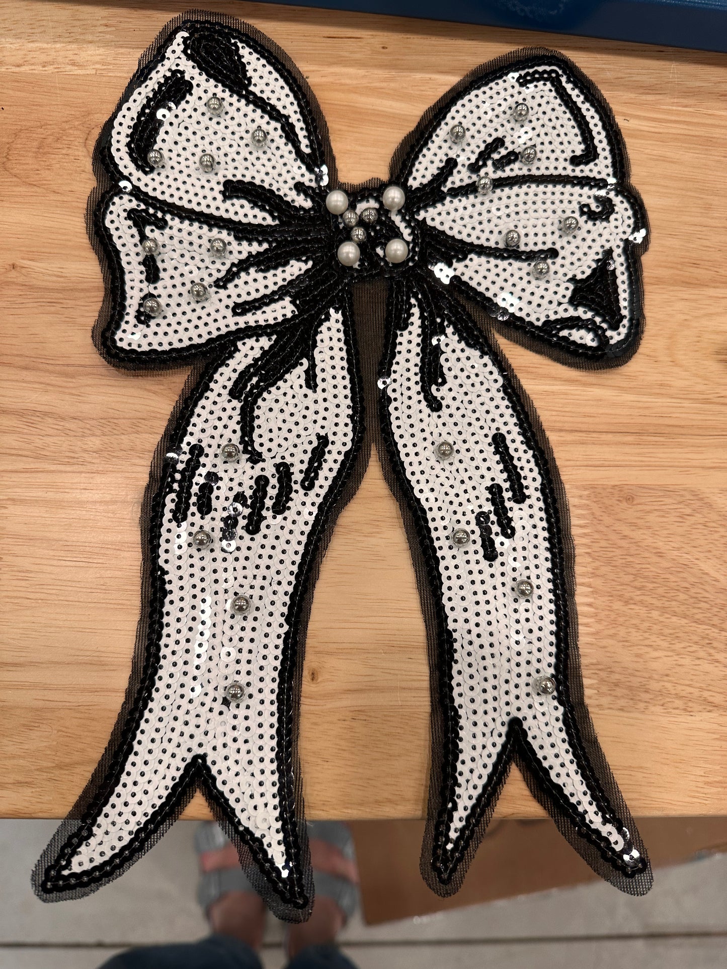 Large Black and White Sequin Bow with beads to be sewn on garment