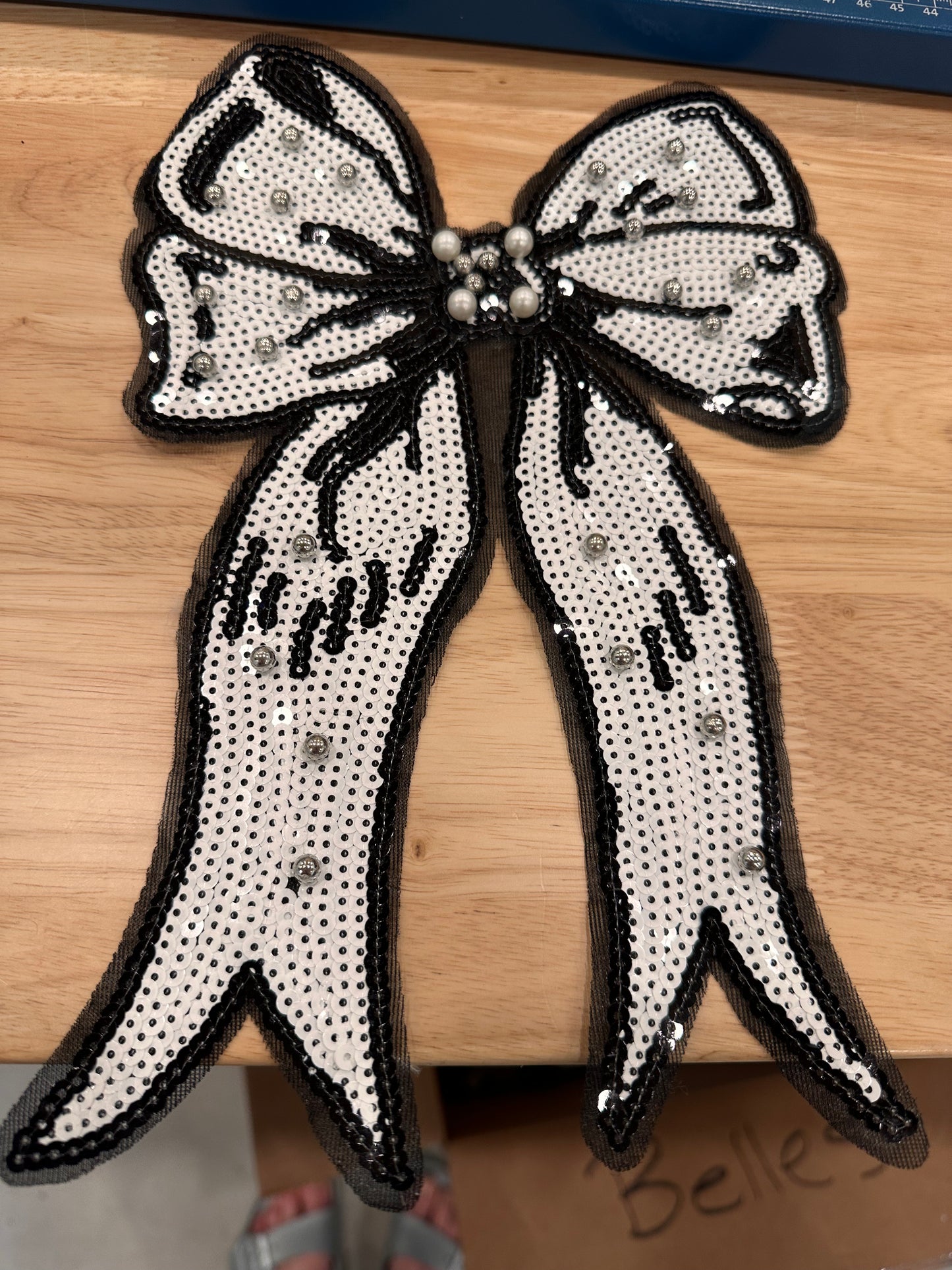 Large Black and White Sequin Bow with beads to be sewn on garment