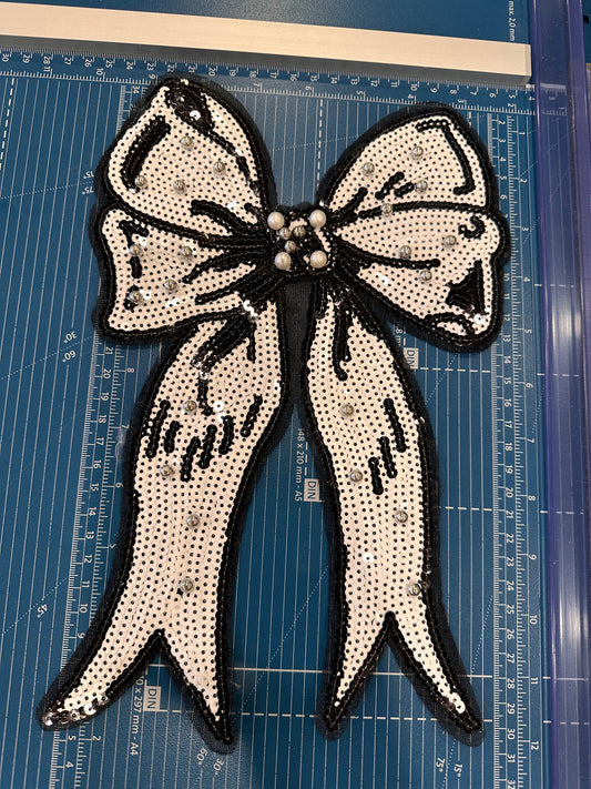 Large Black and White Sequin Bow with beads to be sewn on garment