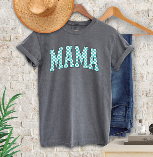 3811 Mama Checkered Teal and white distressed DTF/Sublimation Transfer