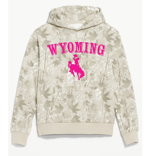 Camo Hoodie with pink Wyoming and bucking horse