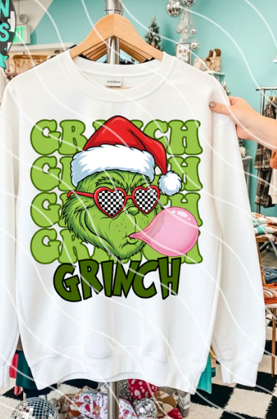 Green guy with heart glasses and blowing bubble DTF Transfer