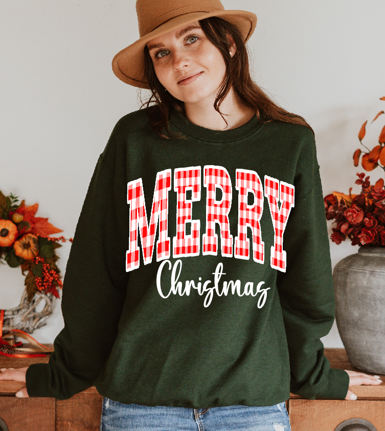 Large Merry Christmas red or green plaid DTF Transfer