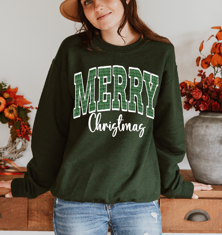 Large Merry Christmas red or green plaid DTF Transfer