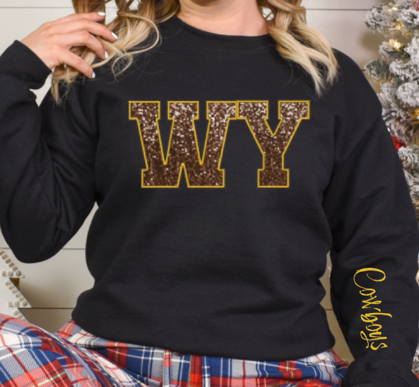 Black Faux Glitter Embrodiery Wyoming Crewneck