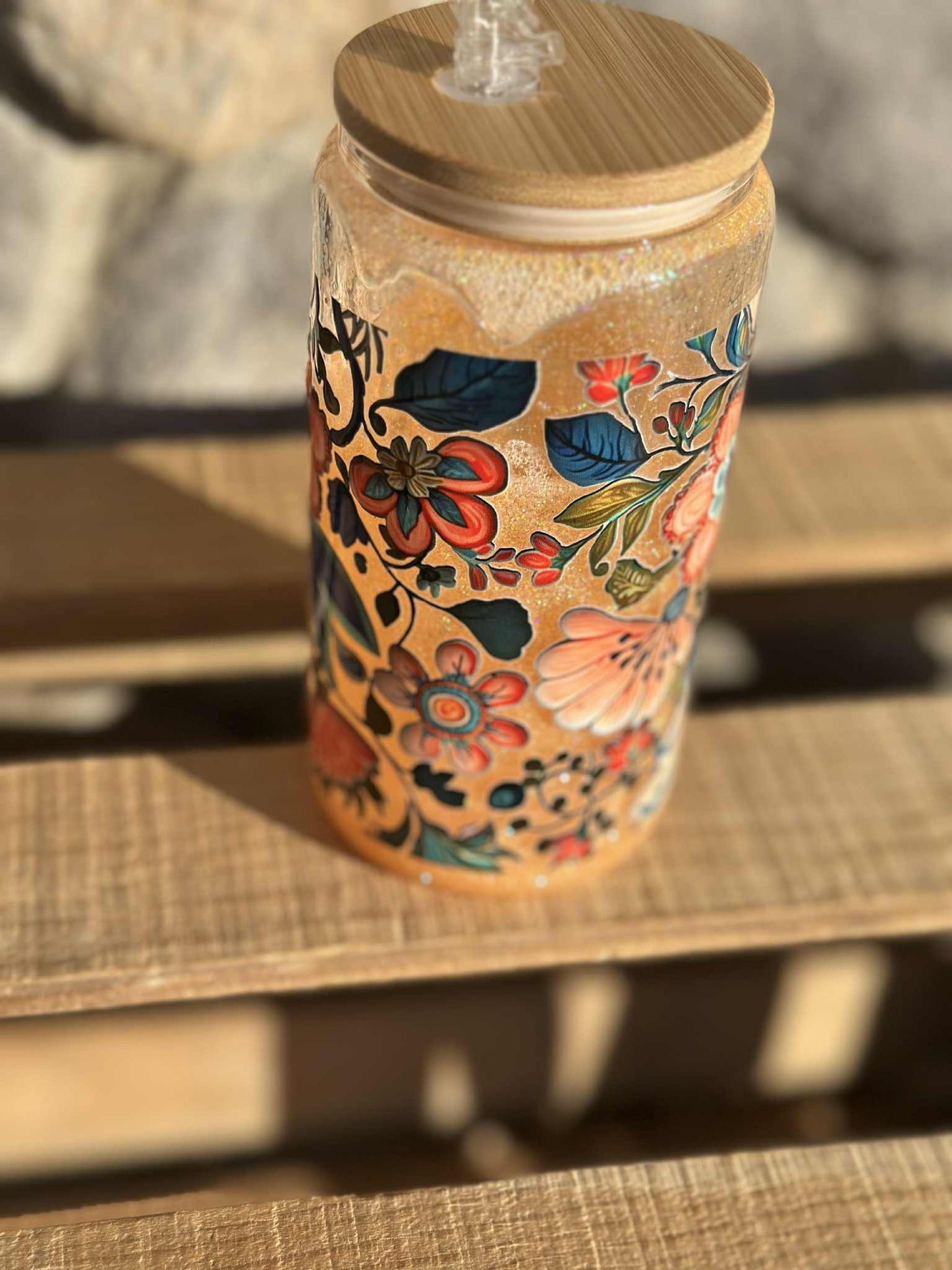 Snowglobe flower glitter glass 20 oz tumbler