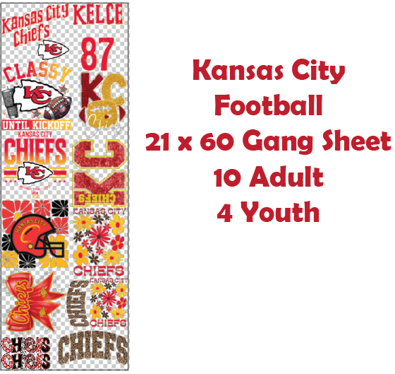 Kansas City Football Premade DTF Gang Sheet 21 x 60