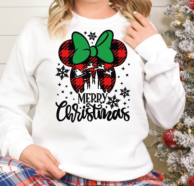 Girl Mouse Merry Christmas in white or black DTF transfers