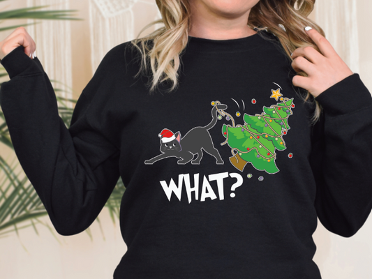 WHAT, Cat with falling Christmas tree DTF Transfer